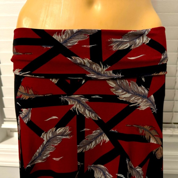 Pretty LuLaRoe size S burgundy gray black feather jersey fold over maxi skirt - Picture 2 of 5
